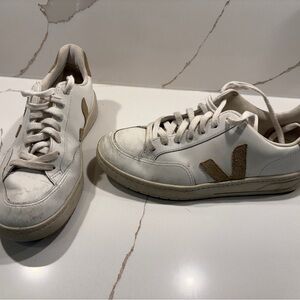 VEJA V-12 Leather Sneakers White with Tan Suede Logo